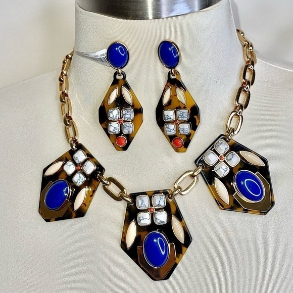J.Crew Tibetan Tortoiseshell Statement Necklace + NWT Earrings - Picture 6 of 13